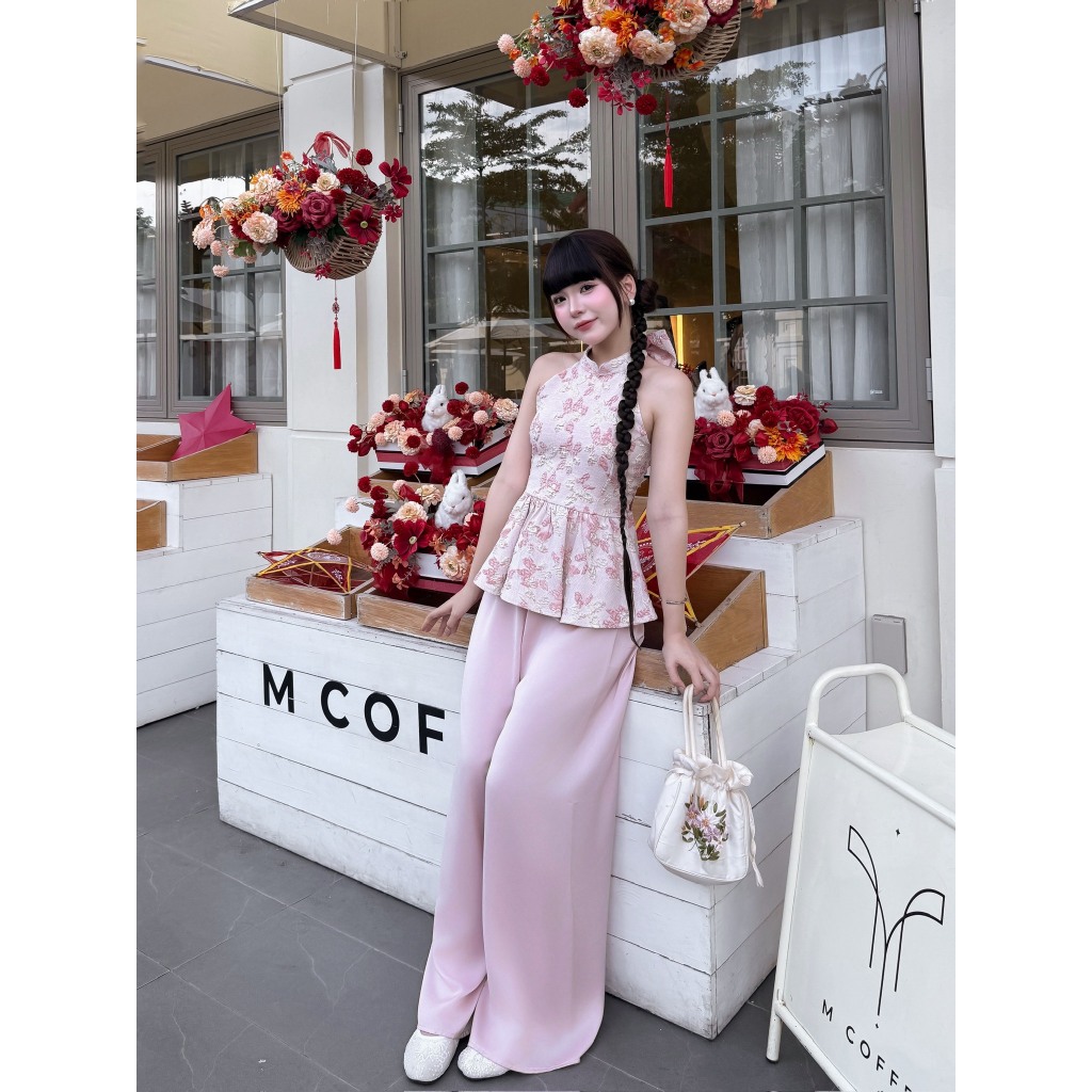 Set áo yếm gấm phối hoa kèm nơ cổ quần lưng chun Ảnh thật/sẵn