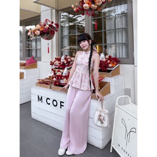 Set áo yếm gấm phối hoa kèm nơ cổ quần lưng chun Ảnh thật/sẵn