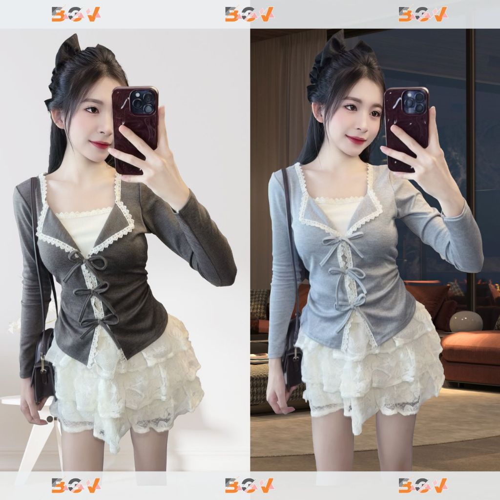 Áo kiểu phối ren BGV, 3 dây nơ, nhún v2  tôn dáng ,vải Tăm lông thỏ co giãn 4 chiều | BigBuy360 - bigbuy360.vn