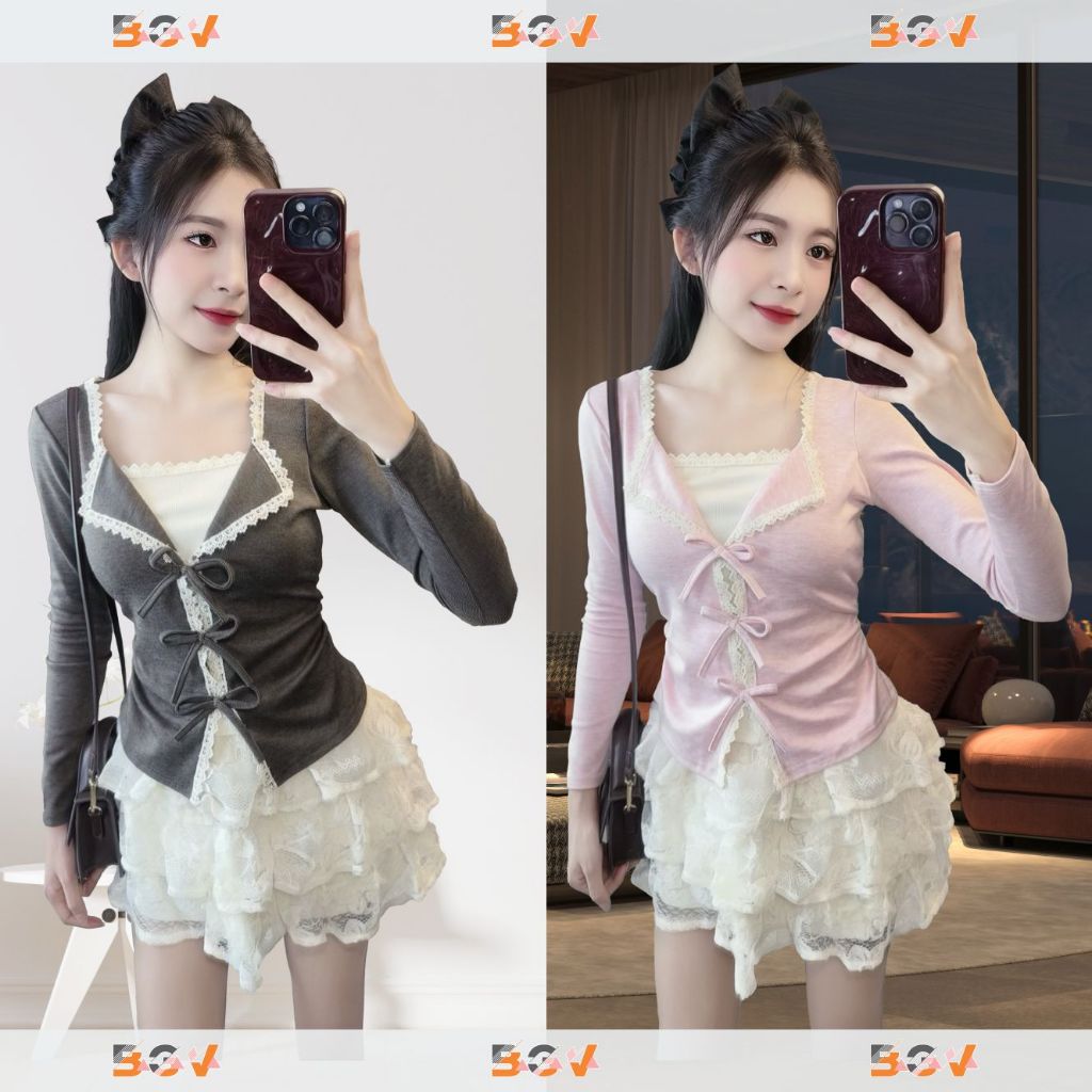 Áo kiểu phối ren BGV, 3 dây nơ, nhún v2  tôn dáng ,vải Tăm lông thỏ co giãn 4 chiều | BigBuy360 - bigbuy360.vn