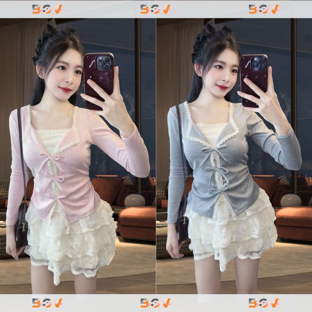 Áo kiểu phối ren BGV, 3 dây nơ, nhún v2  tôn dáng ,vải Tăm lông thỏ co giãn 4 chiều | BigBuy360 - bigbuy360.vn