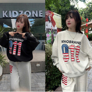 Áo sweater cổ tròn nỉ tàu form boxy dài tay in hình cờ Mỹ 911, Áo SW chất nỉ bông dày phong cách basic trẻ trung Ulzzang