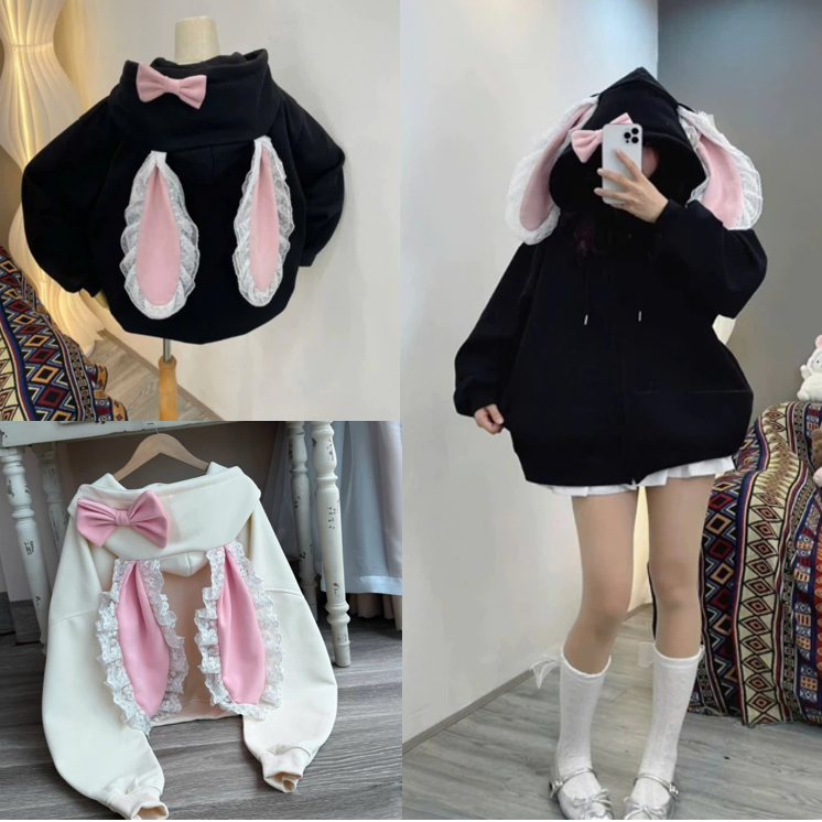 🔥HOT 2025🔥Áo khoác Tai Thỏ Hồng Siu Cute Kèm Nơ Cài. Hoodie zip chất nỉ ngoại form rộng unisex