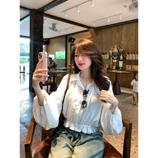  Áo Sơ Mi A15 Dáng Croptop Tay Dài Bồng Chun Dưới Trẻ Trung Style Thu Đông_Lazy Có Bigsize 