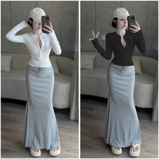  S25 SET ÁO THUN COTTON 5 nút tay dài co giãn thoải phối chân váy đuôi cá sọc cho nữ 
