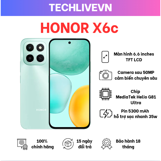 Điện Thoại Di Động Honor X6c 6GB + 128GB | Pin 5300mAh | Camera 50MP| NFC | Kháng nước IP64 | BH 18 