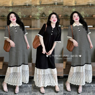 (TRINH MIT) Váy Suông Len Mongtoghi Cổ Bẻ Phối Chân Ren Dáng Dài 120Cm - Co Giãn Tốt Bầu Mặc Thoải Mái