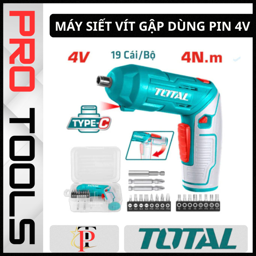 Máy Siết Vít Gập Dùng Pin 4V TOTAL TSDLI0442 | Tua Vít Điện Cầm Tay 2 Chiều 4Nm Kèm Phụ Kiện