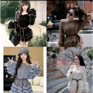 (LT002) Áo len trễ vai phối viền lông giấu quần/len sóng hàng QCCC (có kèm đai)