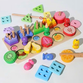  Đồ chơi Montessori 3in1 câu cá thả hình kết hợp cắt trái cây đa năng cho bé bằng gỗ 