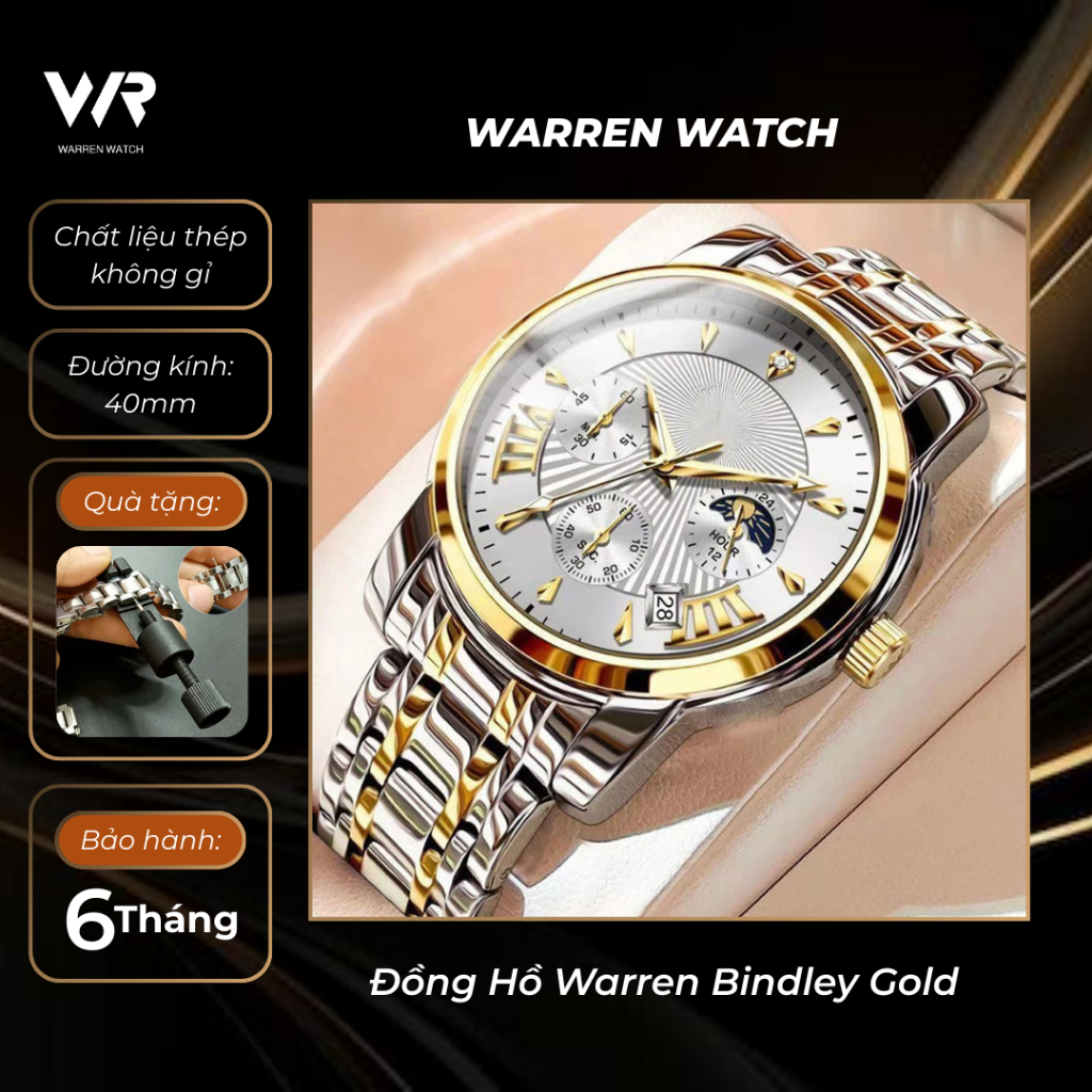 (Tặng DC Cắt Dây ĐH) Đồng Hồ Nam Warren Bindley Gold Thép Không Gỉ, Mặt Kính Cường Lực, Chống Nước [WR_PGD0340]