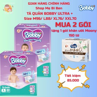 [Combo 2 gói Tặng Khăn Uớt Moony 150 tờ) Tã bỉm quần Bobby Ultra+ Siêu Khô Thoáng M96 /L88 /XL76 /XXL70 /XXXL29+4 miếng