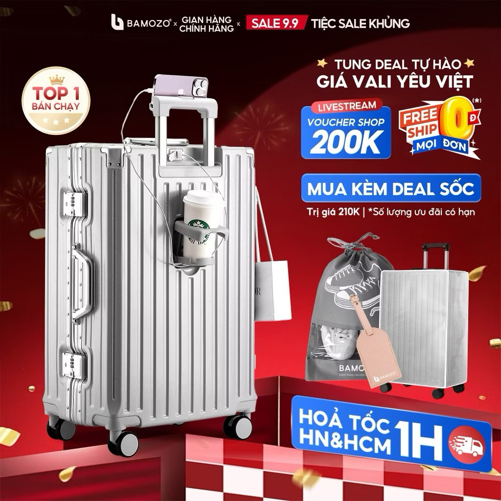 Vali Bamozo khung nhôm khoá sập 9066C