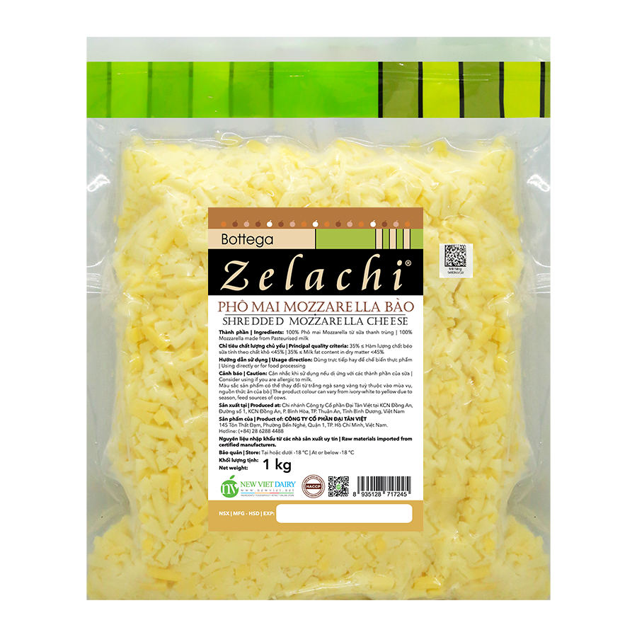 Phô Mai Mozzarella Bào Bottega Zelachi 1kg – Mozzarella Shredded Cheese, Kéo Sợi Tuyệt Hảo, Nhập Khẩ