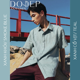 Áo sơ mi nam tay ngắn linen cao cấp vạt bầu – màu xanh khói, Xanh cổ vịt | Vải 100% linen – DODEP