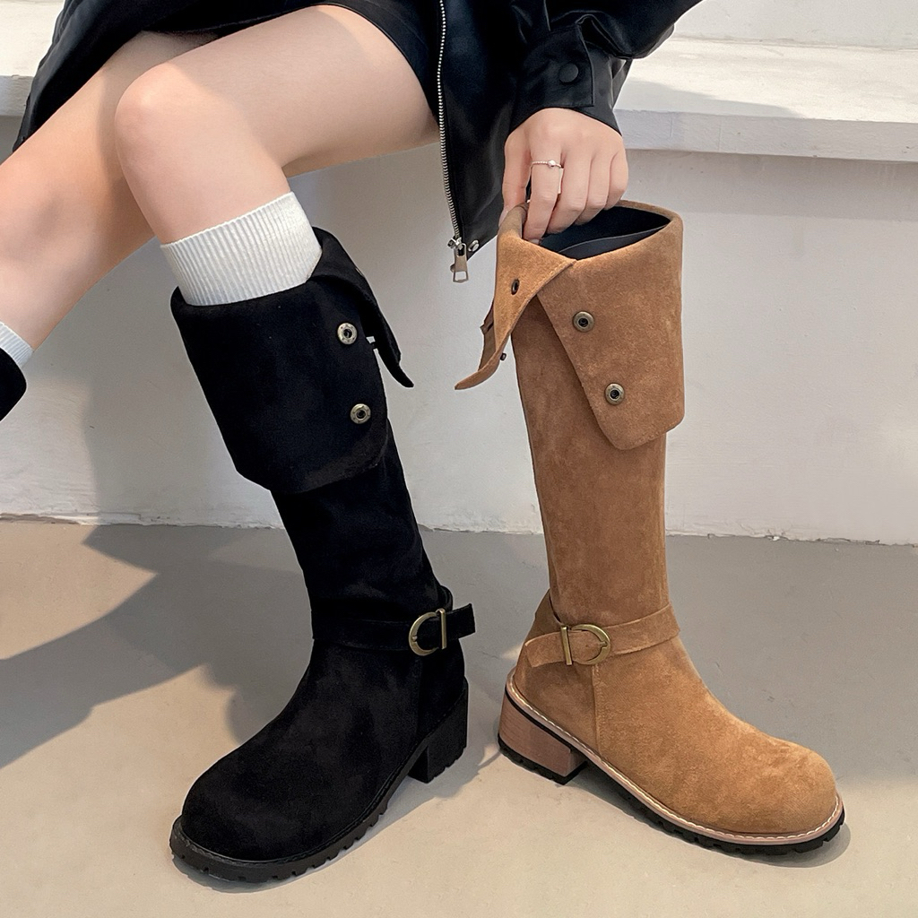 Giày bốt boost nữ cổ cao kéo khoá da lộn đế cao 5 phân phong cách cao bồi mẫu mới nhất 2023