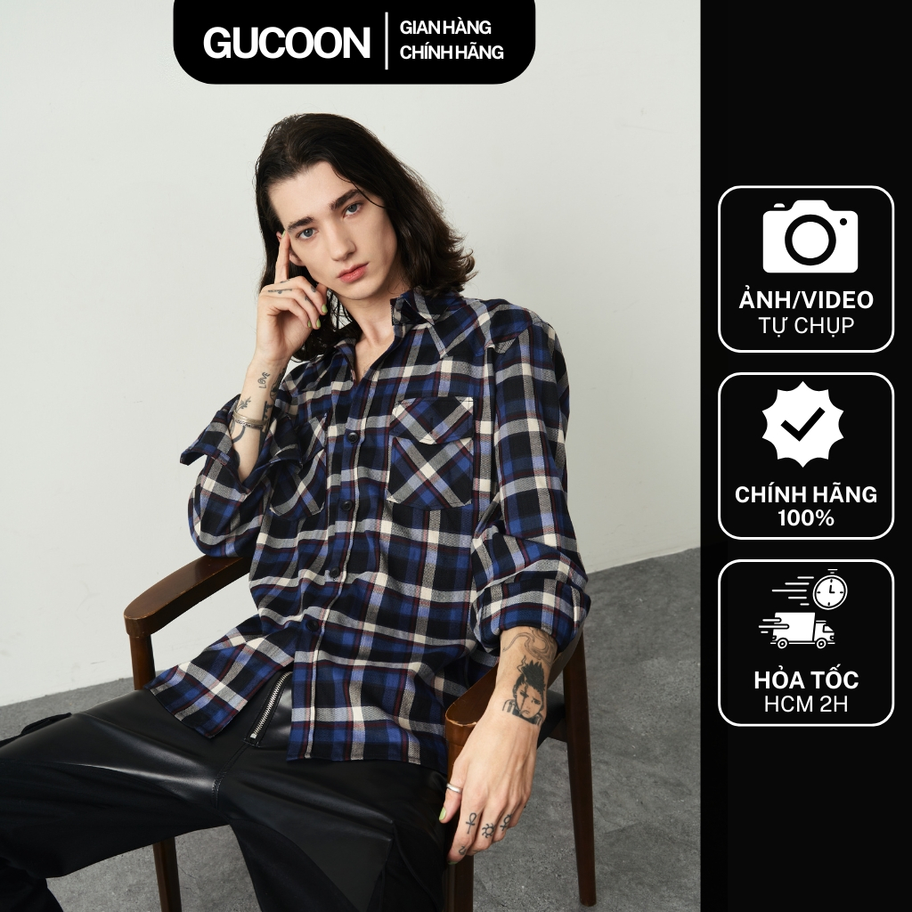 Áo Sơ Mi Flannel Nam Nữ Gucoon Vải Kẻ Cotton, Áo Sơ Mi Dài Tay Nam Nữ Local Brand Bigsize Xanh dương