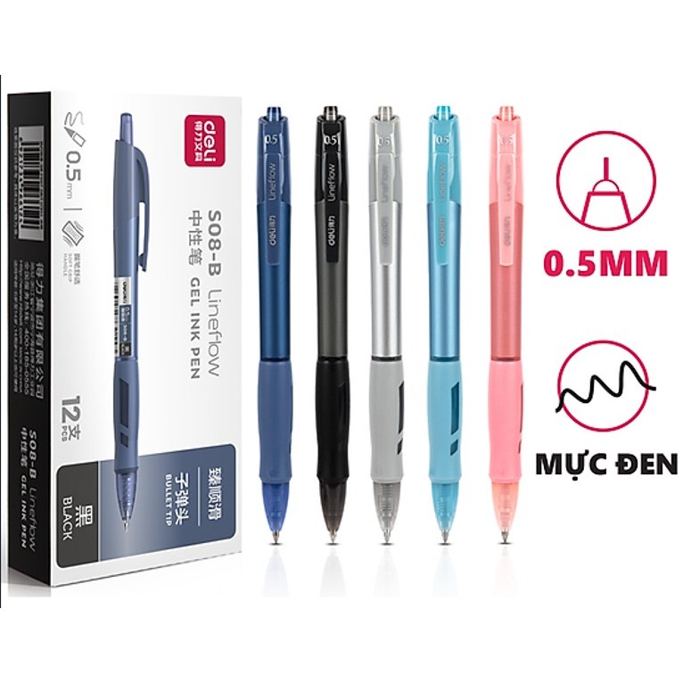Hộp 12 bút bi nước Deli S08 ngòi 0.5mm mực đen - Bút gel nusign Deli 08 ruột thay S206