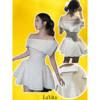 Đầm váy trắng tiểu thư chấm bi vintage cotton Hàn bigsize xếp ly eo lệch vai viền ren xoè A dự tiệc cưới TARON