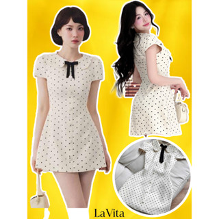 Đầm váy trắng tiểu thư vintage chấm bị  cotton Hàn  bigsize cổ sen đính nơ đen tay ngắn đầm basic dự tiệc cưới YOYO