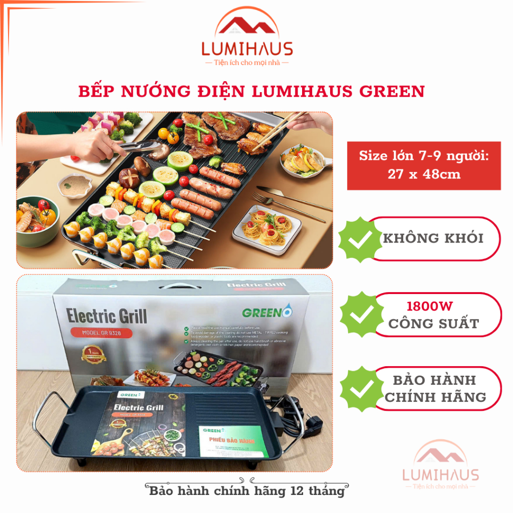 [Bếp Nướng Điện Không Khói] Bếp Nướng Điện LUMIHAUS GREEN 1800W – Khay Dầu Rời, Chống Dính Cao Cấp