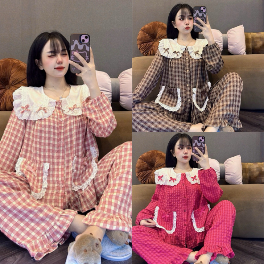 Set Bộ Ngủ Pijama Cổ Ren Nơ Nhỏ Xinh B30