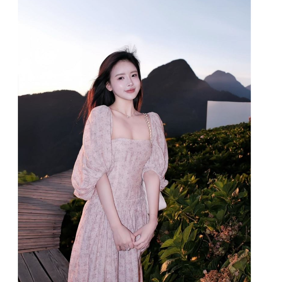 D001 đầm linen tơ , vải hoa nhí hồng , tay bồng , buộc dây lưng