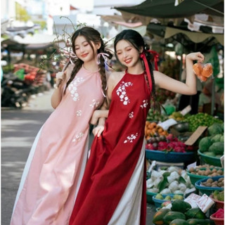  Set áo dài áo cổ yếm in hoa kèm quần ống rộng cực xinh áo dài trung thu áo dài tết đầm yếm xinh dễ thương cho nữ 