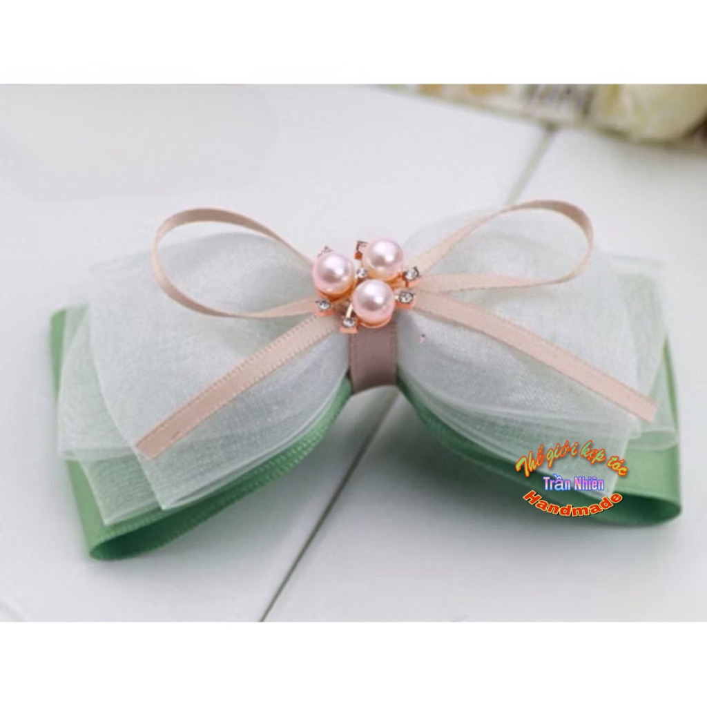 Kẹp nơ voan trắng xanh bơ (có thể gắn búi lưới) K112