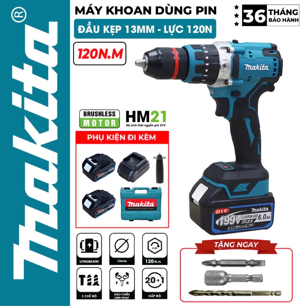 Máy Khoan Pin Makita 120Nm Không Chổi Than - Máy Bắt Vít Makita 199V # Chức Năng Có Búa - Ruột Đồng 100% 