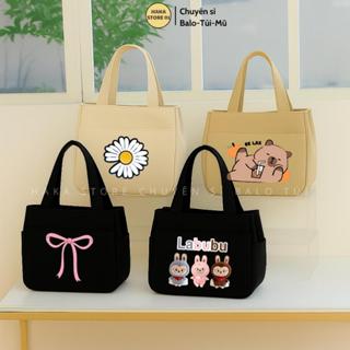 Túi mini đa năng đựng cơm,đựng mỹ phẩm màu sắc đơn giản sức chứa lớn vải Canvas phong cách Nhật Bản hoạ tiết Labubu