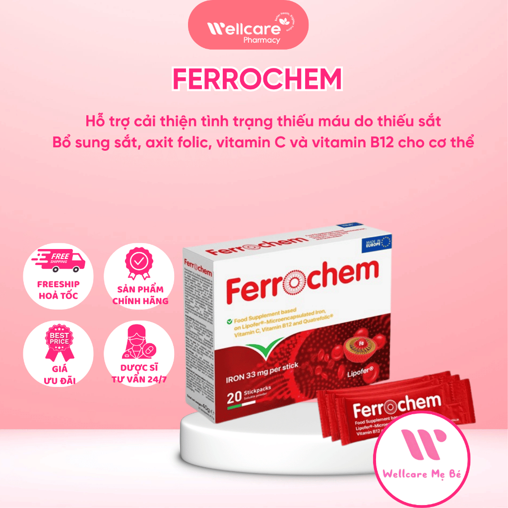 [SẢN KHOA] Sắt Ferrochem Lipofer & 5MTHF Hộp 20 Gói Bổ Sung Sắt Cho Bà Bầu