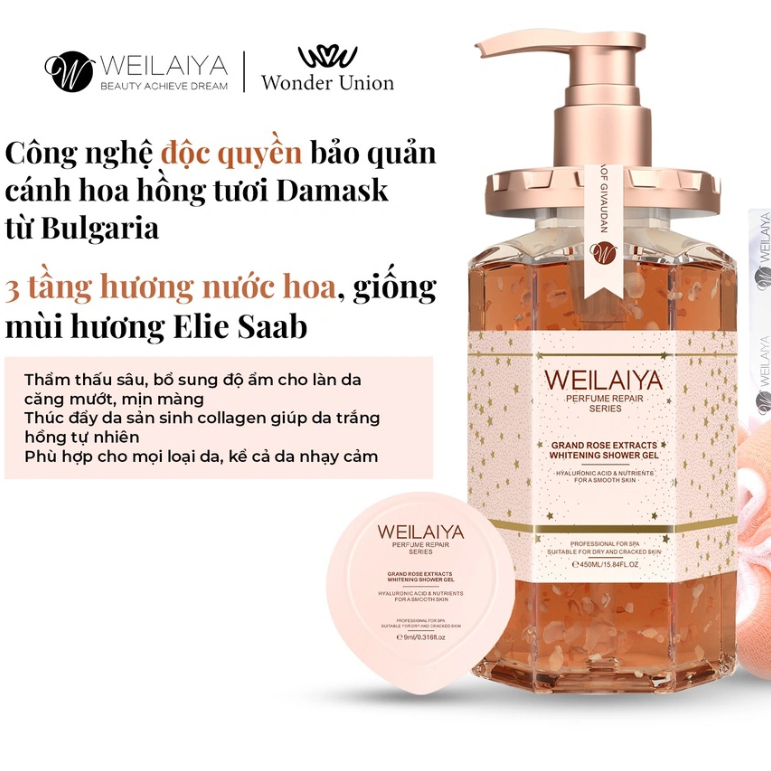 Sữa tắm Weilaiya chính hãng cánh hoa hồng Damask 450ml chính hãng