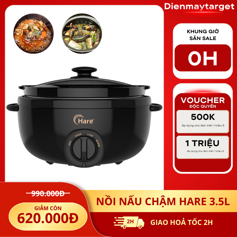 Nồi nấu chậm Hare 3.5L HR-SC535 nấu cháo, hầm, hấp giữ trọn dưỡng chất, bảo hành 12 tháng