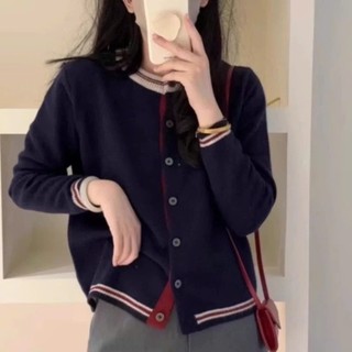   SẴN  Áo khoác len nữ mỏng màu xanh than dệt kim phối viền kẻ basic cardigan khoác nhẹ mùa thu đông - 150 