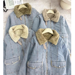 Áo khoác chất liệu bò QC lót lông đai da khóa kéo thời trang nữ