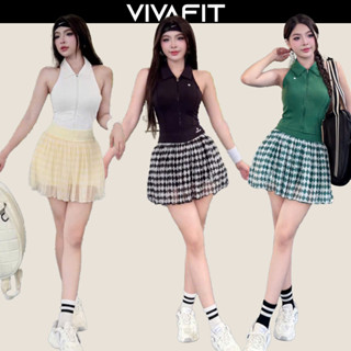 Bộ đồ pickleball nữ VIVAFIT Caro-Leaf gồm Chân váy caro 2 lớp mix áo ba lỗ chất thun lạnh co giãn