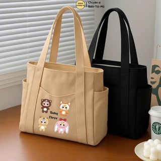  Túi vải tote Labubu chất liệu canvas có khóa miệng đeo vai phong cách Hàn Quốc form to in hình Capy Bara dễ thương 