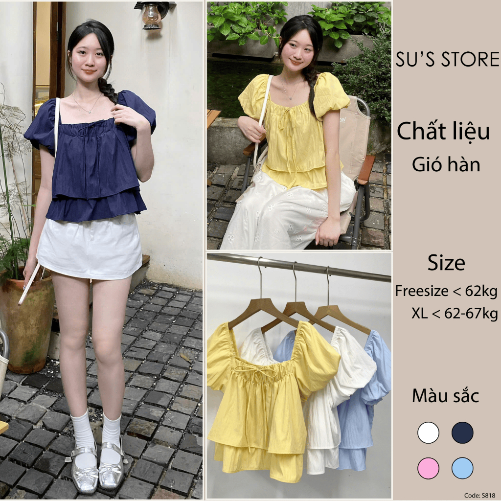 Áo Vai Chun Tay Bồng 2 Tầng Nơ Cổ Dáng Lửng Susstore A3090 Thời Trang Nữ Bigsize