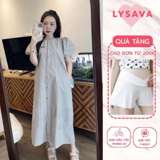 Đầm Bầu Dáng Suông LYSAVA, Váy Bầu Chất Đũi Kẻ Sọc Tay Bồng Thêu Nơ Cao Cấp Thoáng Mát Thoải Mái VB284