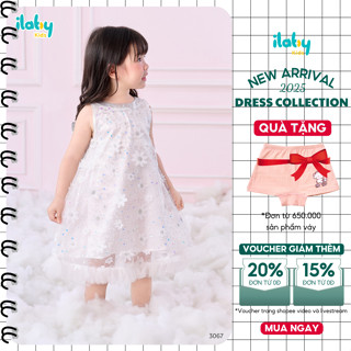  Váy cho bé gái ILABY váy khoét nách hoa nổi phối nơ bạc chất liệu voan tơ  3067  