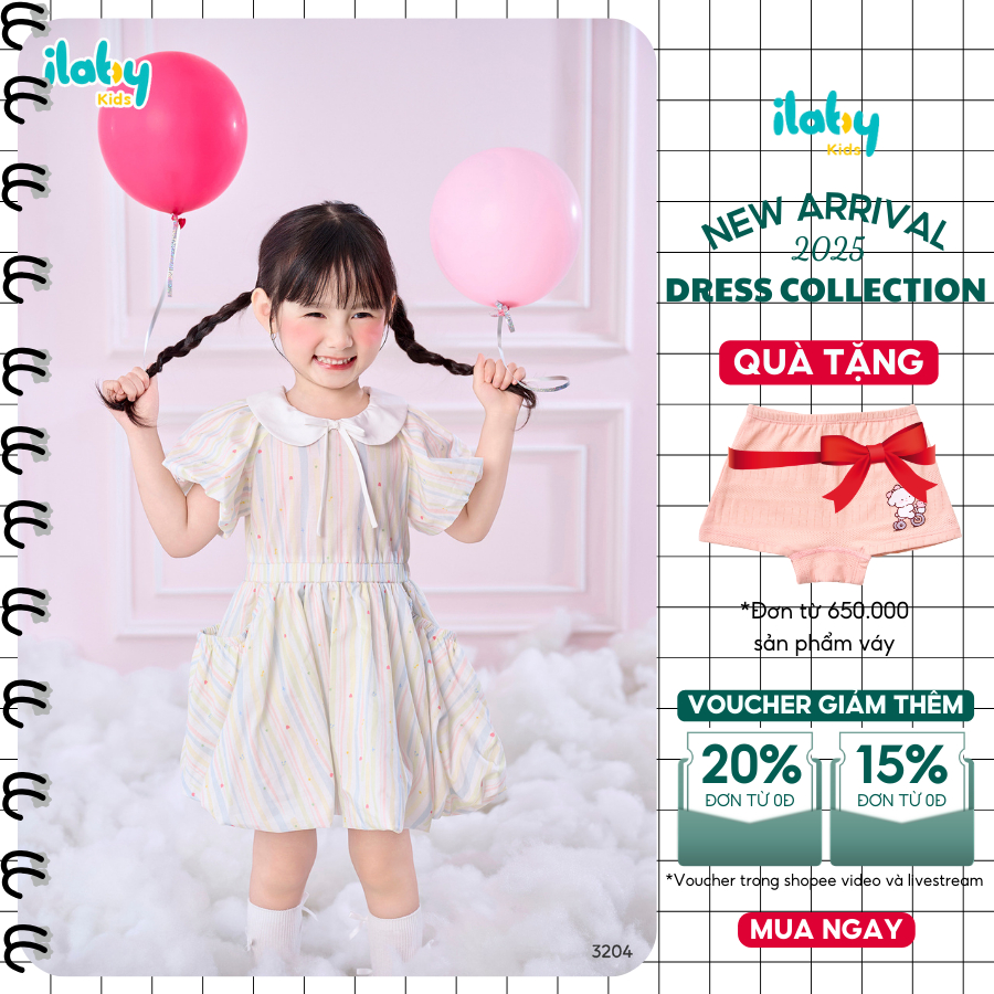 Váy bé gái ILABY váy cho bé gái thiết kế tùng bí túi nhún cổ sen phong cách dễ thương [3204]