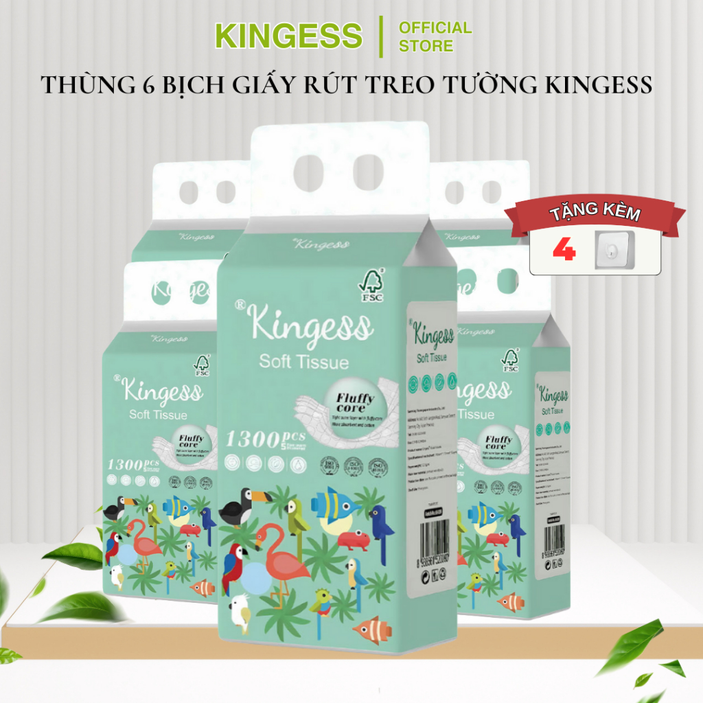 Khăn giấy rút KINGESS thùng 6 bịch 1300 tờ thiết kế treo tường thông minh, tiện lợi, giấy vệ sinh siêu dai và mềm mịn
