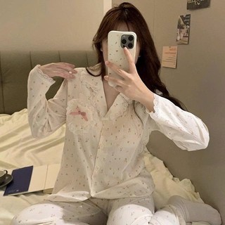 Bộ đồ ngủ bộ mặc nhà nữ dài tay hoa nhí phối ren phong cách tiểu thư đáng yêu thu đông 207 K-5 