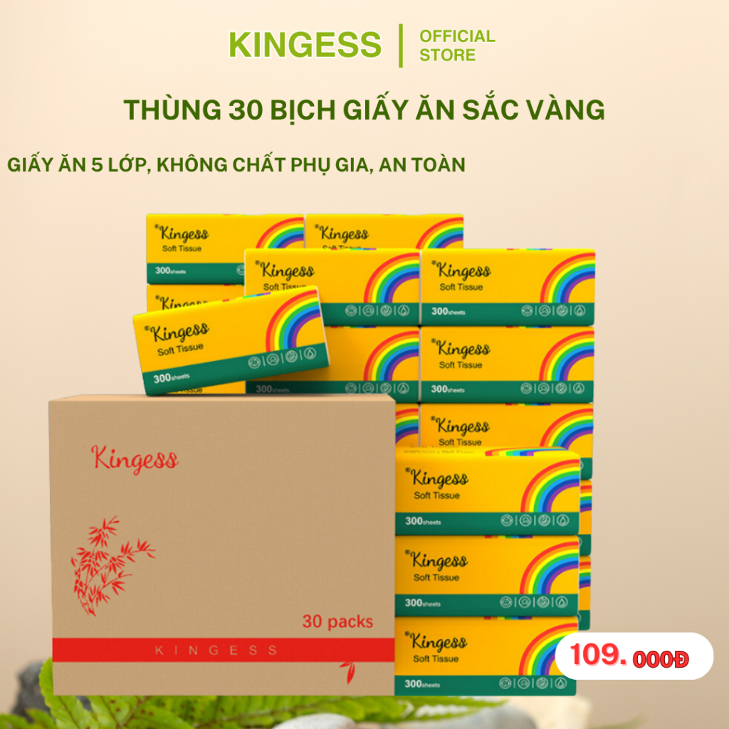 Khăn giấy Kingess Thùng 30 bịch giấy rút đa năng 5 lớp, giấy vệ sinh mềm dai, không phụ gia an toàn