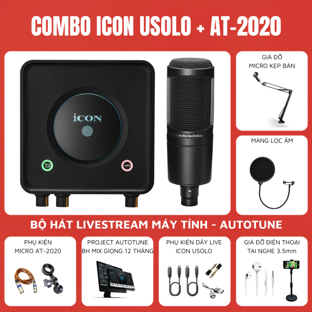 Bộ livestream Icon Usolo - Micro thu âm Audio Technica AT2020