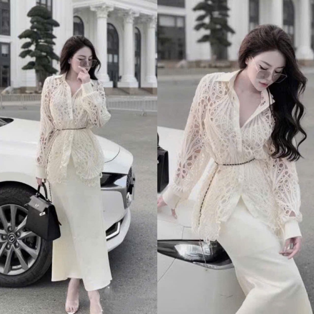 (Hàng Shop): Set Áo Sơ Mi Ren Khoang Dài Tay Mix Chân Váy Lụa Đuôi Cá Trắng Ngọc Trai Cao Cấp Sang C