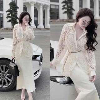   Hàng Shop : Set Áo Sơ Mi Ren Khoang Dài Tay Mix Chân Váy Lụa Đuôi Cá Trắng Ngọc Trai Cao Cấp Sang Chảnh-Lollaye 