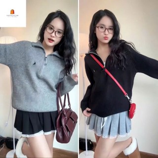 Áo Len Dệt Kim, Áo Len Cổ Lọ Kéo Khoá Lỡ Form Rộng Tay Dài Phối Ngựa Thêu Nổi Chất Gân To Phong Cách Năng Động Shopquaca