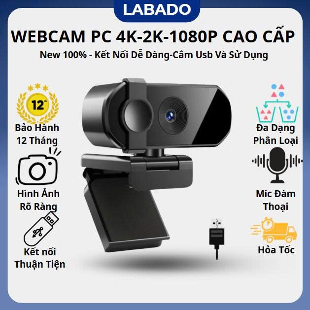 Webcam pc 4k 2k 1080p livestream máy tính, camera laptop pc có mic cao cấp LABADO